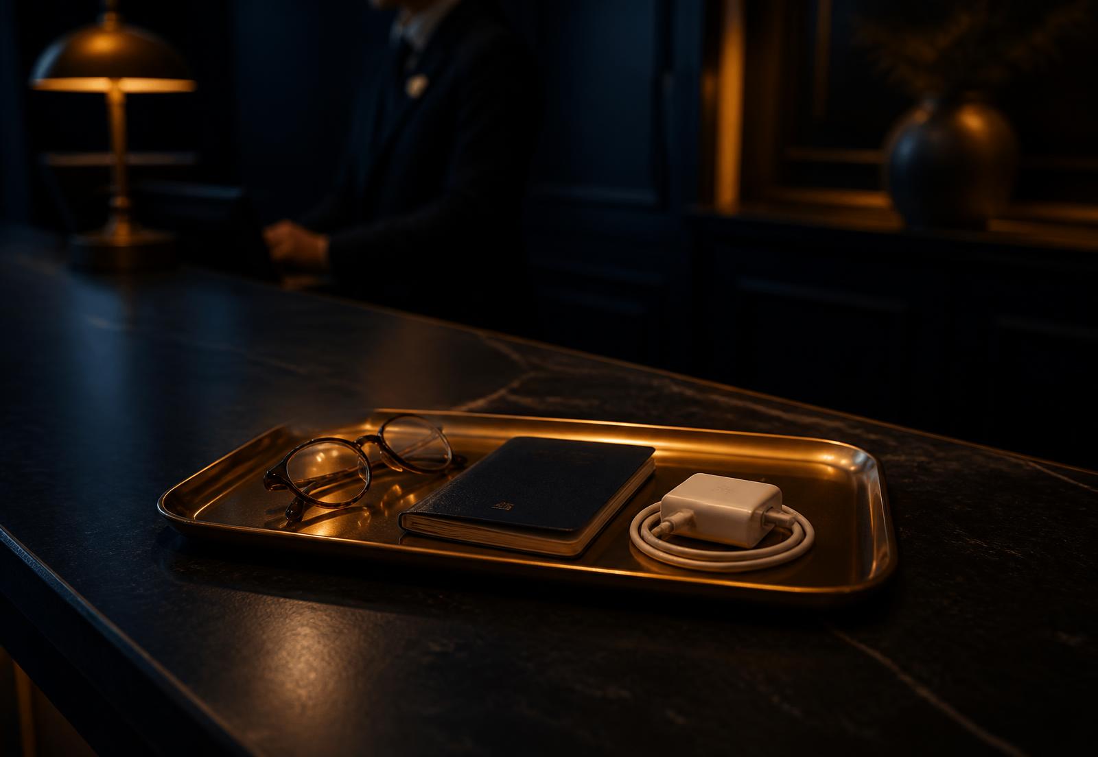 Forgotten glasses, passport and phone charger on a brass tray at a hotel reception desk